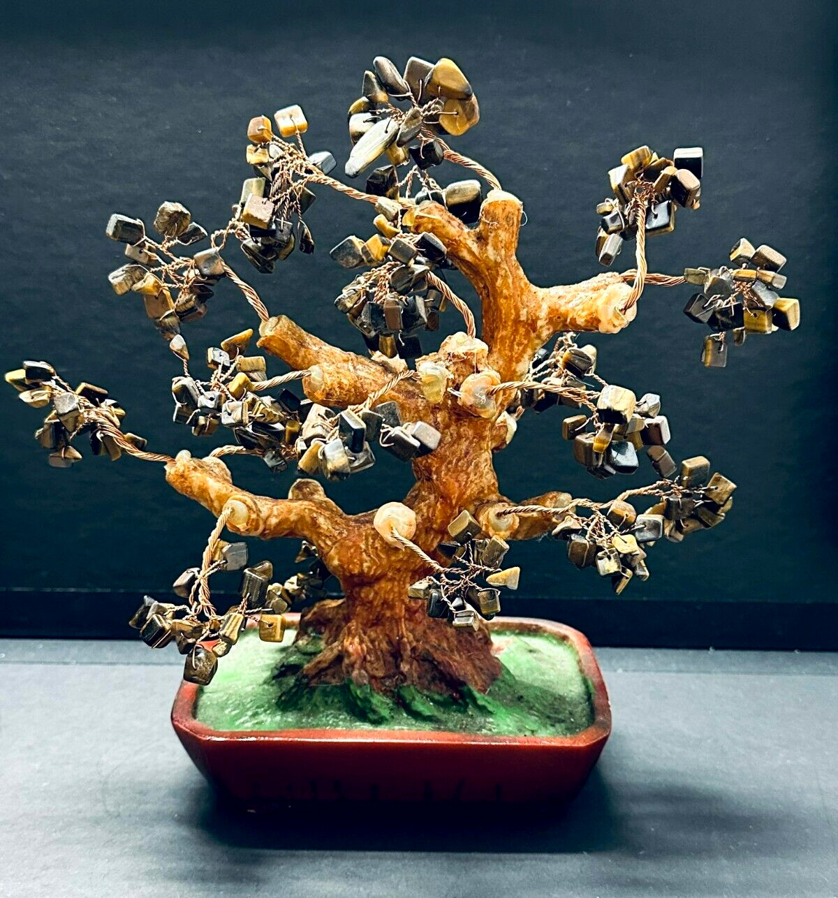 💕Vintage Twisted Copper Wire Bonsai Tyger Eyes Gemstone Tree Ceramic Pot 10″