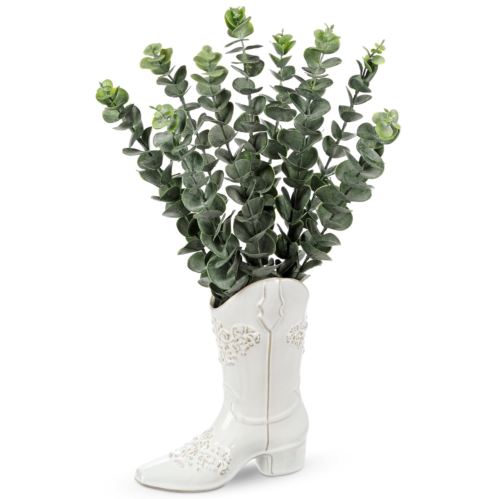Artificial Eucalyptus Plant in Ceramic Cowboy Boot Vase Faux Greenery Potted …