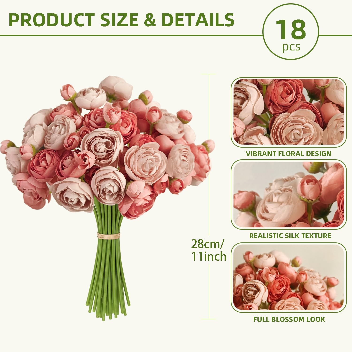 18 PCS Deep Pink Artificial Ranunculus Silk Flowers Wedding Bouquet Decor