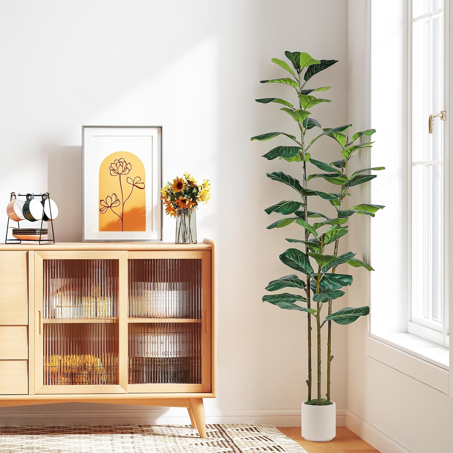 6FT Artificial Fiddle Leaf Fig Tree with White Planter Pot, 6 feet Tall Fake