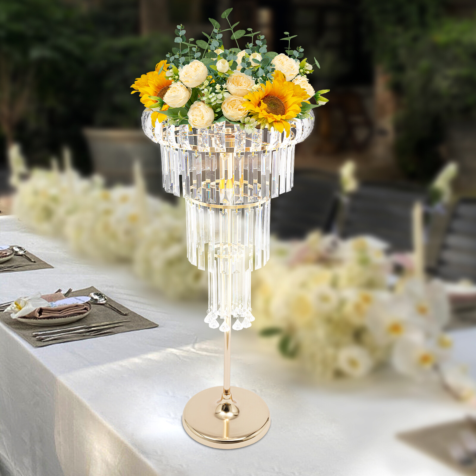 4 Tier Gold Flower Stand Wedding Party Flower Stand 2*LED Centerpiece Decor