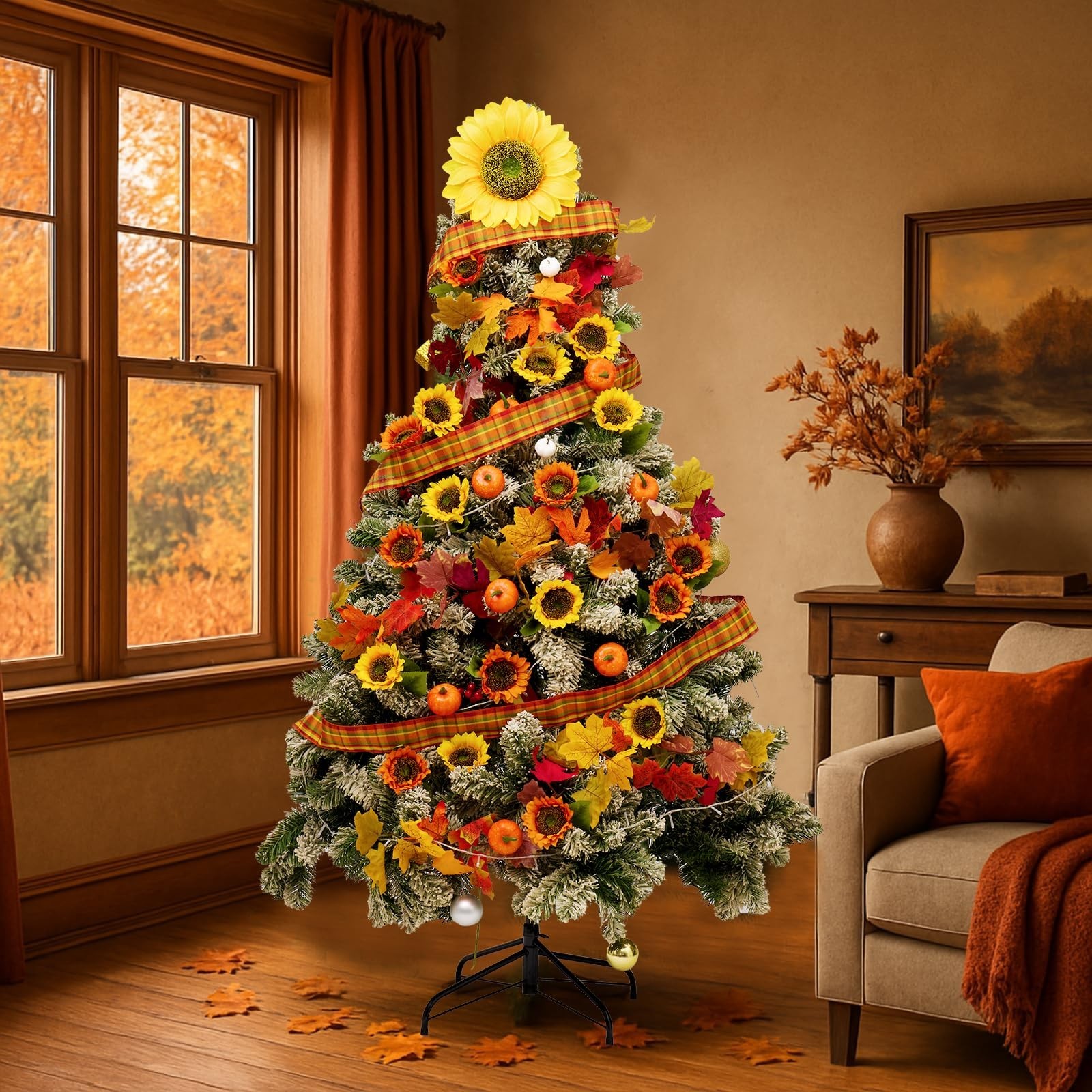 39 Pcs Fall Maple Leaf & Sunflower Decor Set, 2.5″ Leaves, 9.8 Yd Ribbon, Autumn