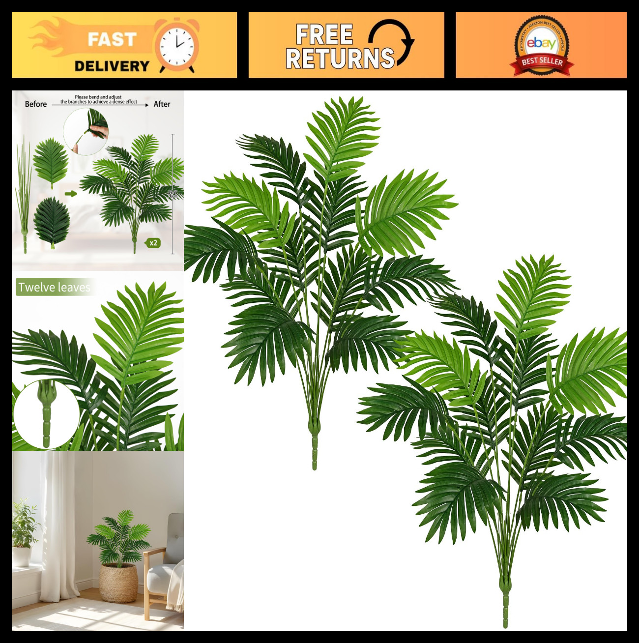 2PCS 30″ Artificial Areca Palm Plant – Large Faux Tropical Greenery for Home, Ga