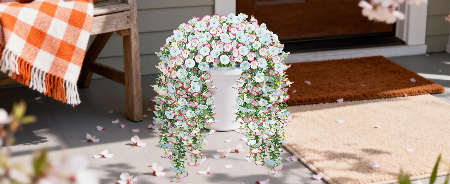 Artificial Hanging Flowers for Outdoors, 2 PCS 300 Blooms UV Resistant Morning