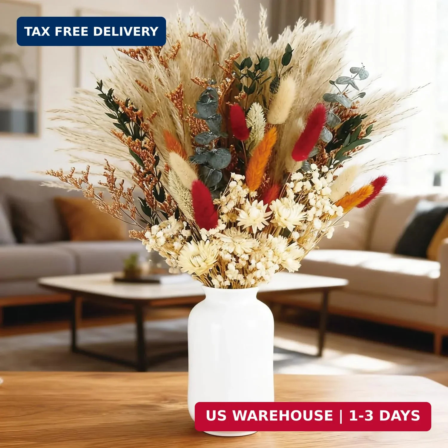 Dried Flower Bouquet,17″ Natural Dried Pampas Grass Decor, Boho Pampas Dried Flo