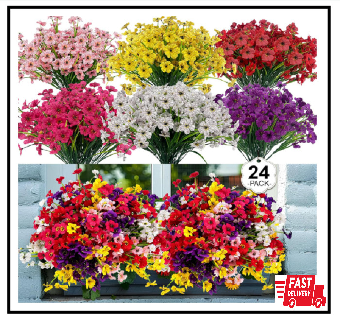 24 Pcs (6 Color) UV Resistant Outdoor Artificial Faux Flowers Plants Realistic P