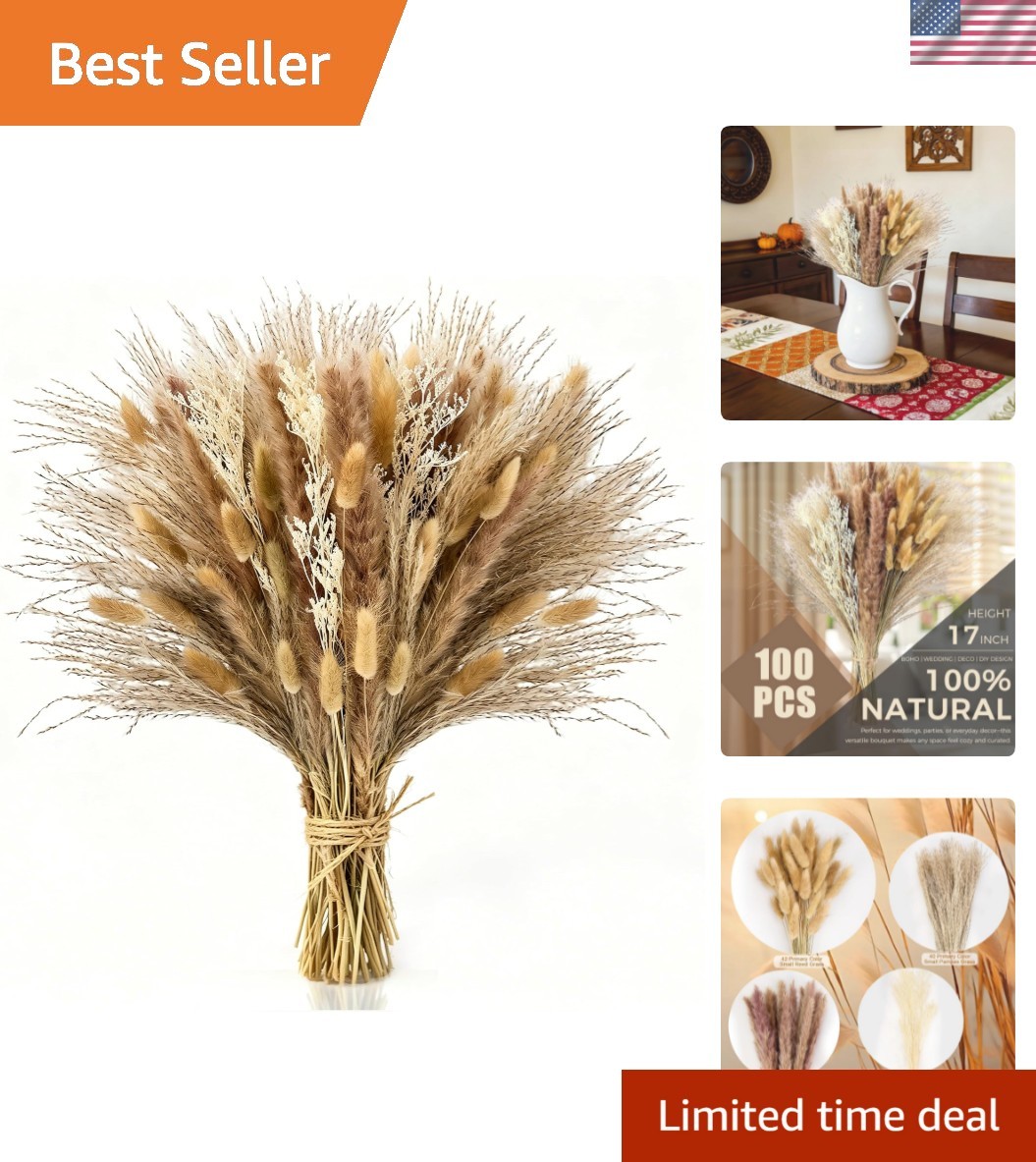 100 Pcs Pampas Grass Boho Decor, 17″ Dried Flowers Bouquet for Vase, Crafts, …