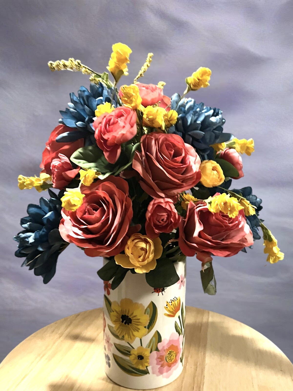 Salmon Pink Rose Blue Floral Arrangement In Floral Vase 15”