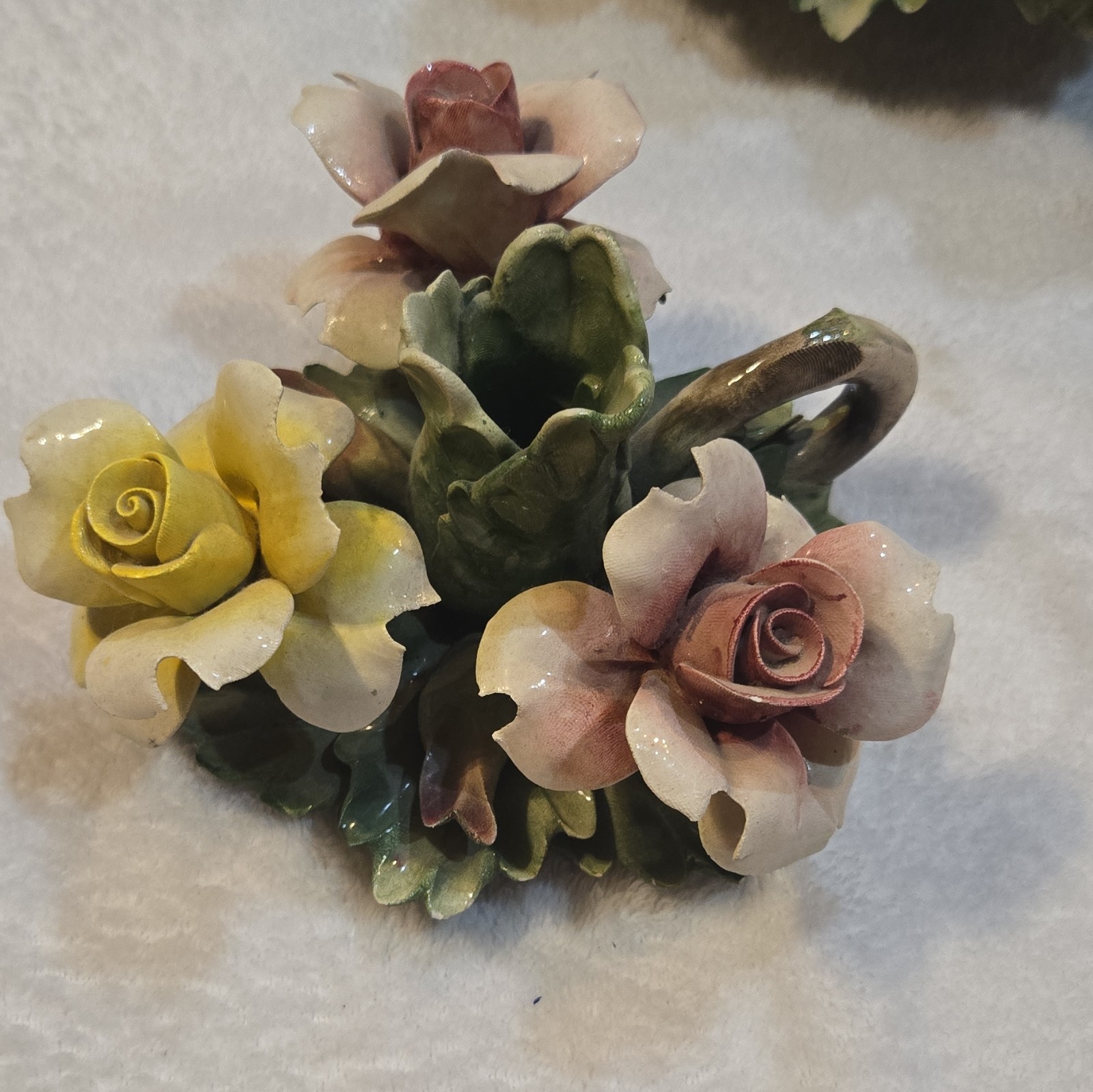 Vintage Italian Capodimonte Porcelain Rose Centerpiece Basket Candlestick Holder