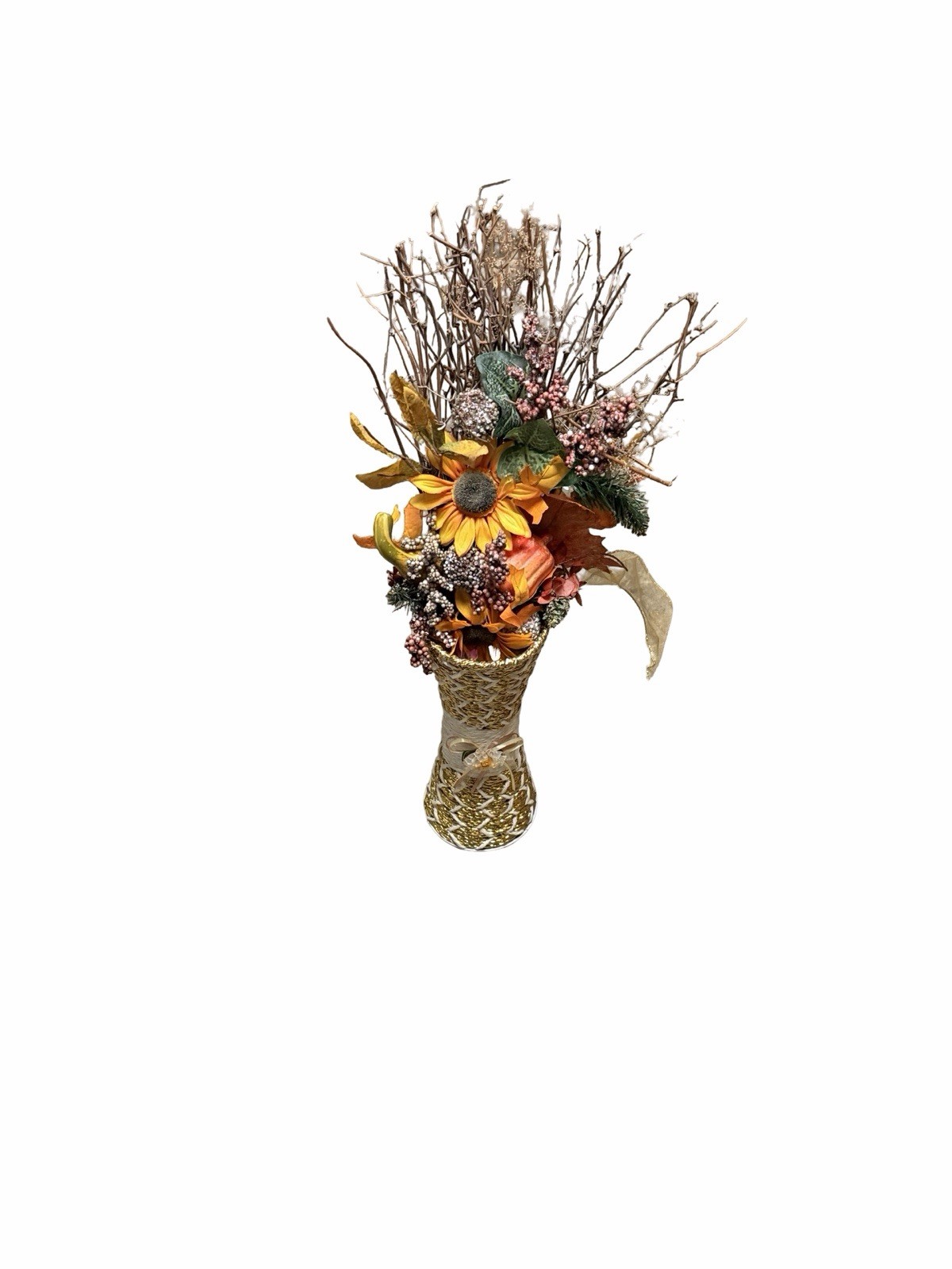 Fall Floral Arrangement Sunflower Twig Vase Autumn Harvest Centerpiece 23”