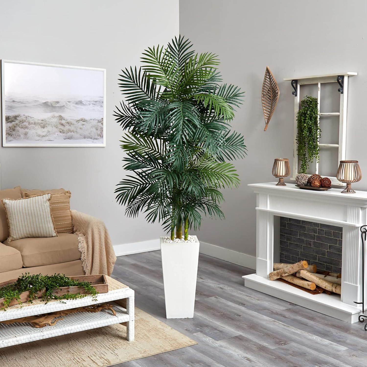 Golden Cane Palm Artificial Tree in White Tower Planter