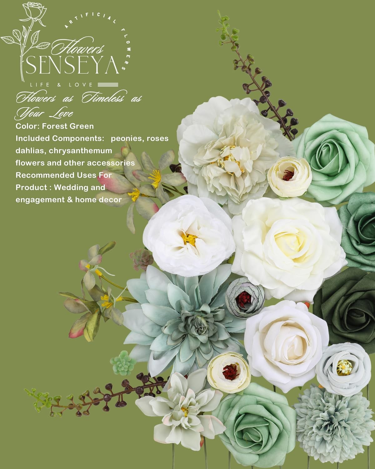 Artificial Flowers Combo Set, Green Silk Roses, Peonies, Dahlias with Stems f…