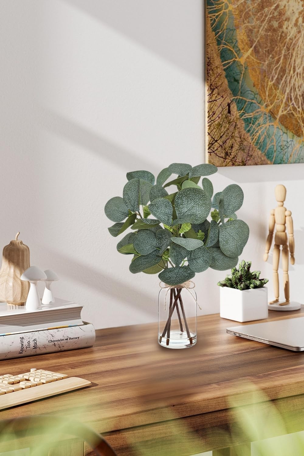 Eucalyptus Stems in Glass Vase with Faux Water for Home Decor and Centerpieces