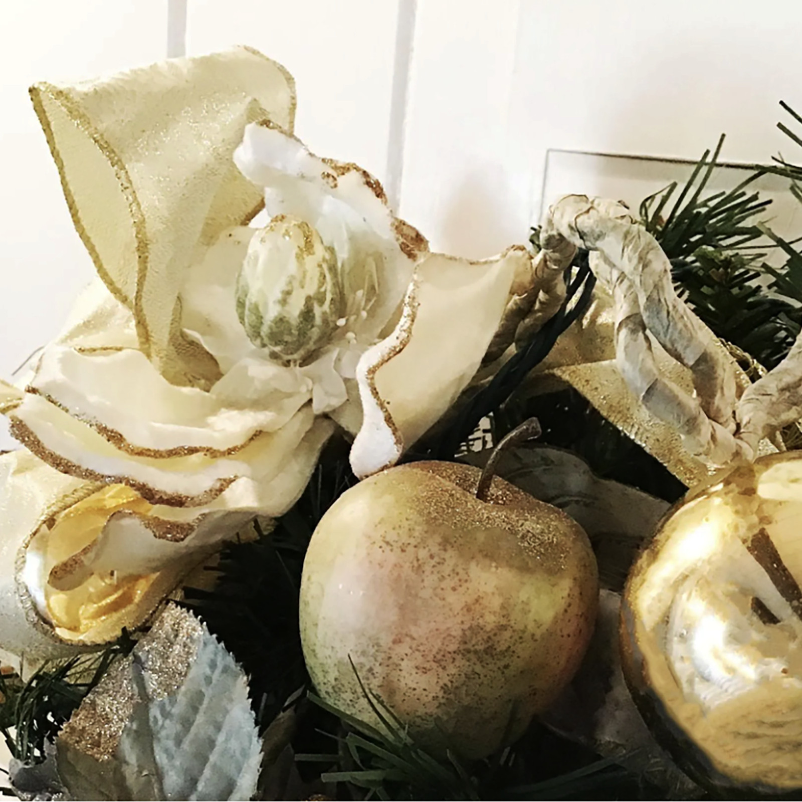 Holiday Swag with white silk Magnolias Hydrengeas Silver Glass Bubbles Gold