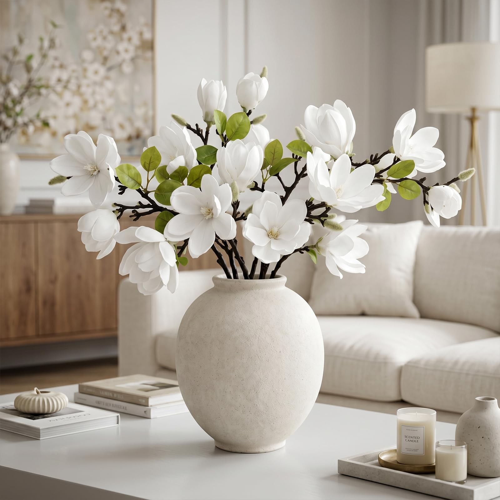 Set of 4 Artificial Magnolia Flowers, 25 Inch White Fake Flowers Branches | R…