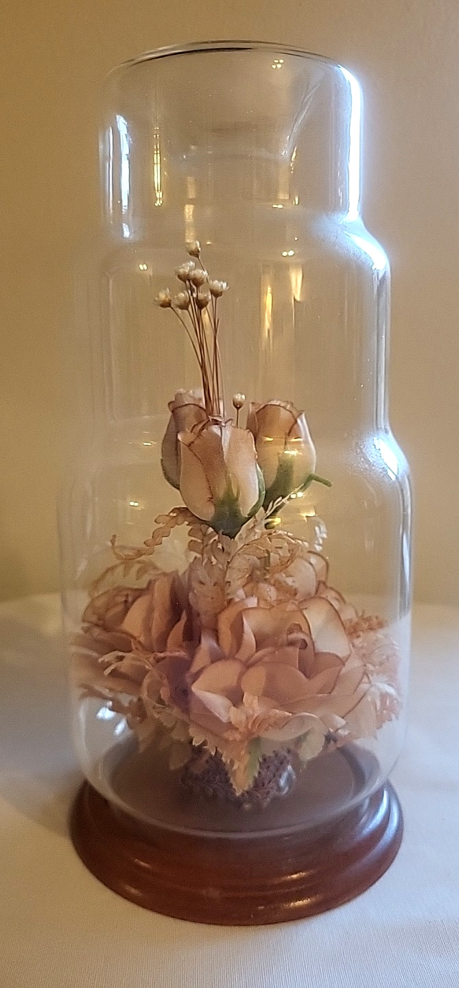 VTG 1970s Creco Trading Pink Roses Cloche Dome Home Decor Wood Base 9.5″ Cottage