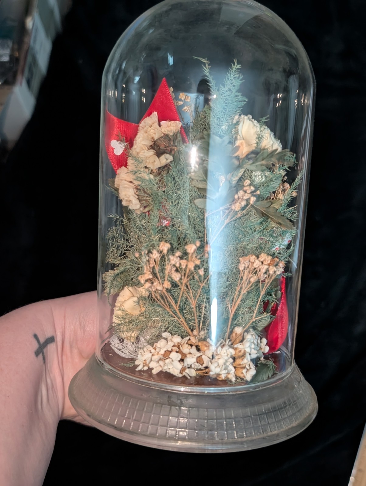 Vintage Glass Cloche With Real Freeze Dried Red Roses 8″X5″