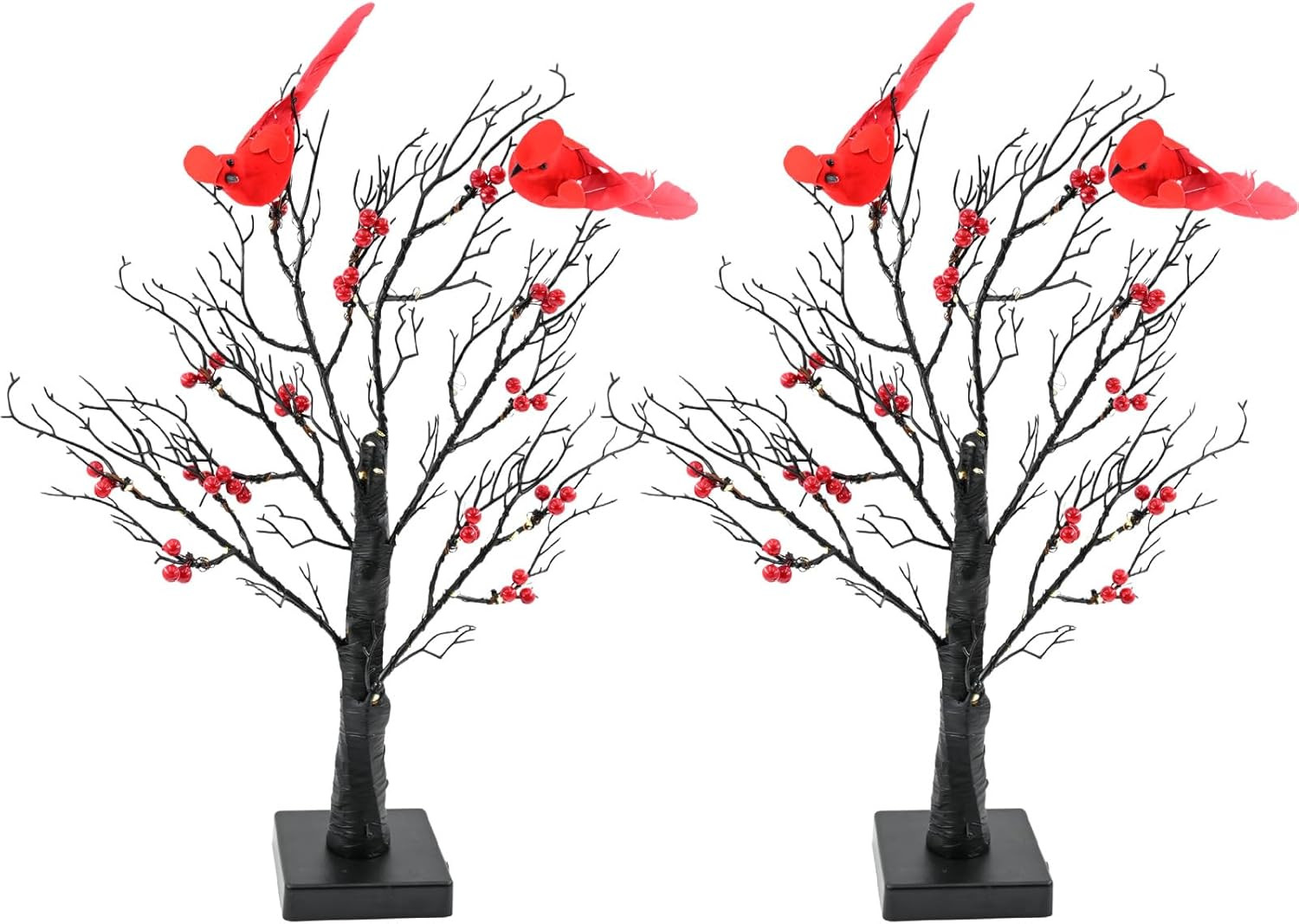 Set of 2 Vintage Glowing Trees with Cardinals, Dual Power USB/Battery Operated L