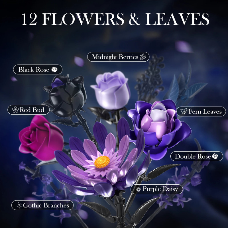 1218 PCS Dark Romance Gothic Bouquet Building Blocks Flower With vase Diy Model