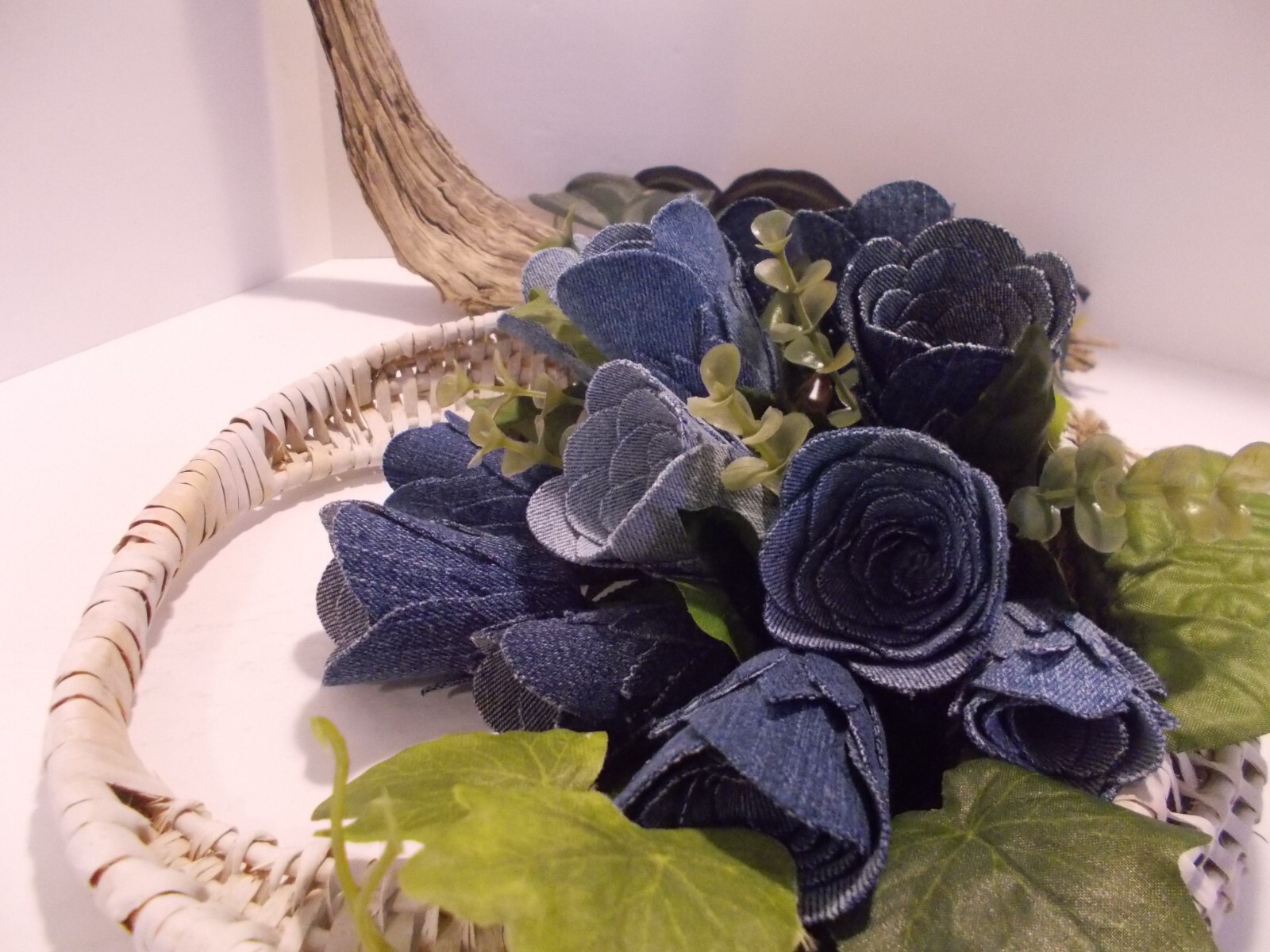Handcrafted Wall Pocket Basket with 12 Denim Roses – Western Denim Rustic Decor