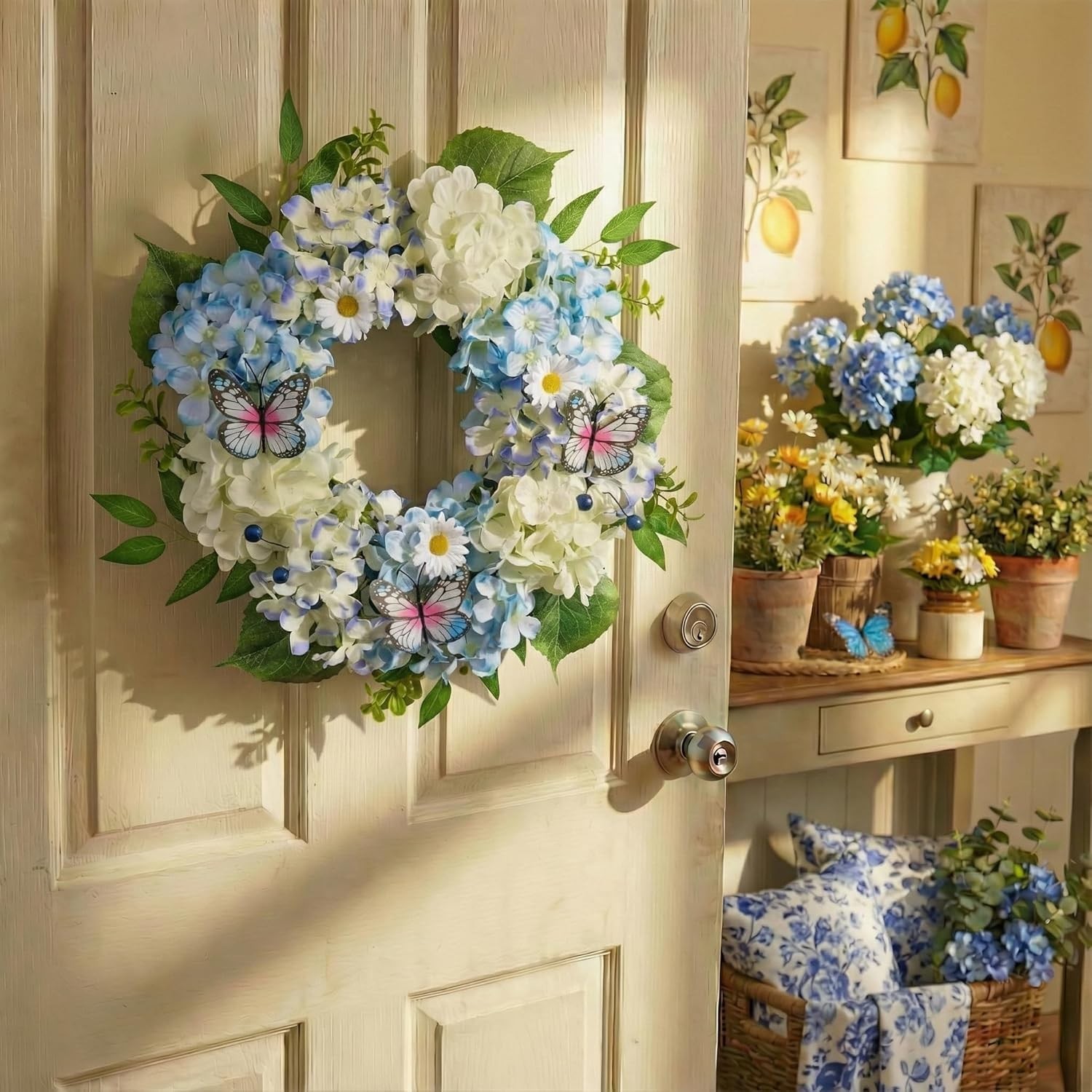 Coronas de primavera para puerta principal con luces, hortensias azules
