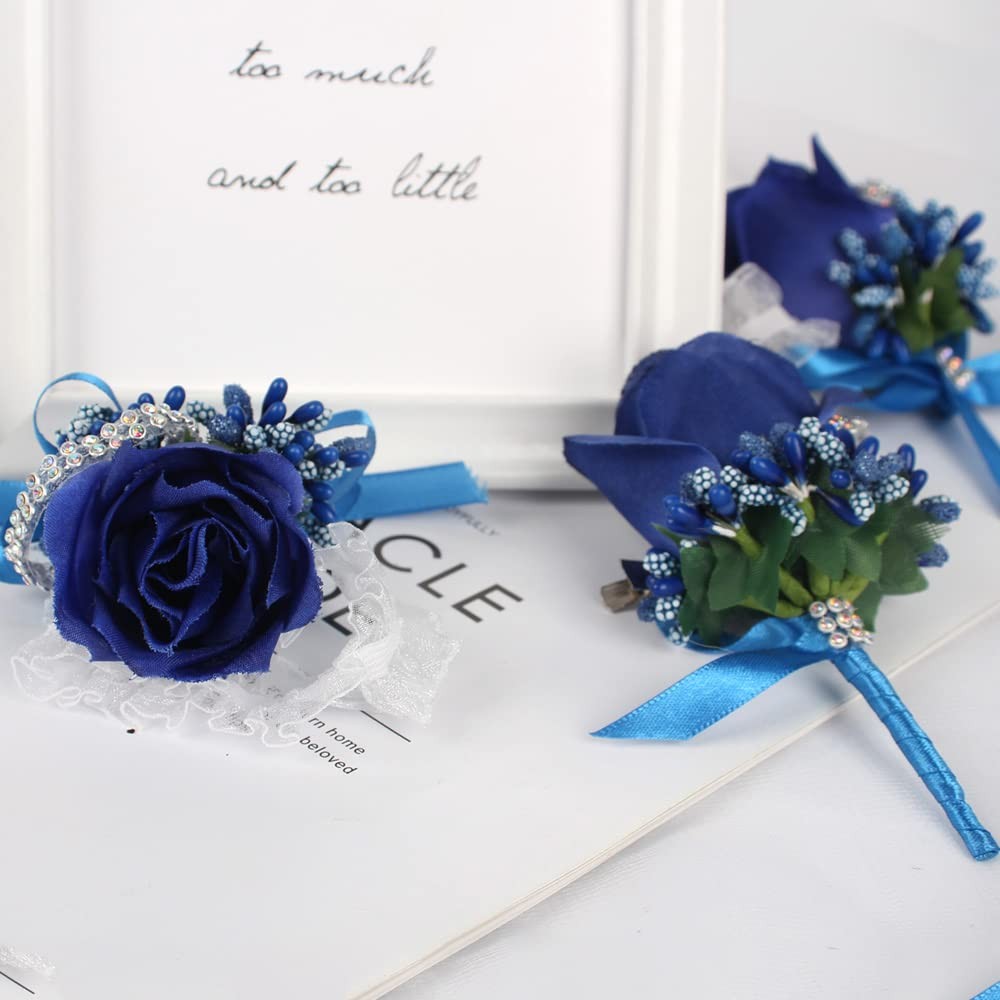 2 PCS Rose Wrist Corsage And Boutonniere Set Blue Wedding Prom Hand Flower