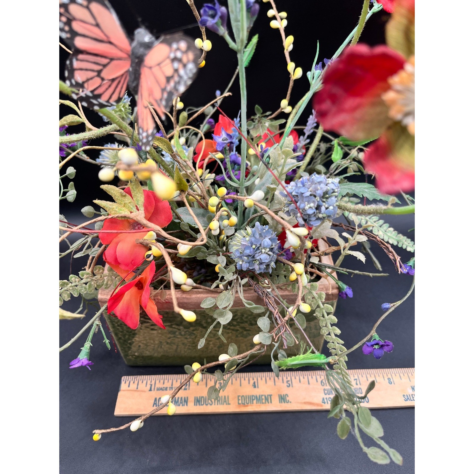 Flower Arrangement Greenery Poppies Lavender Butterfly Rustic Green Ceramic Pot