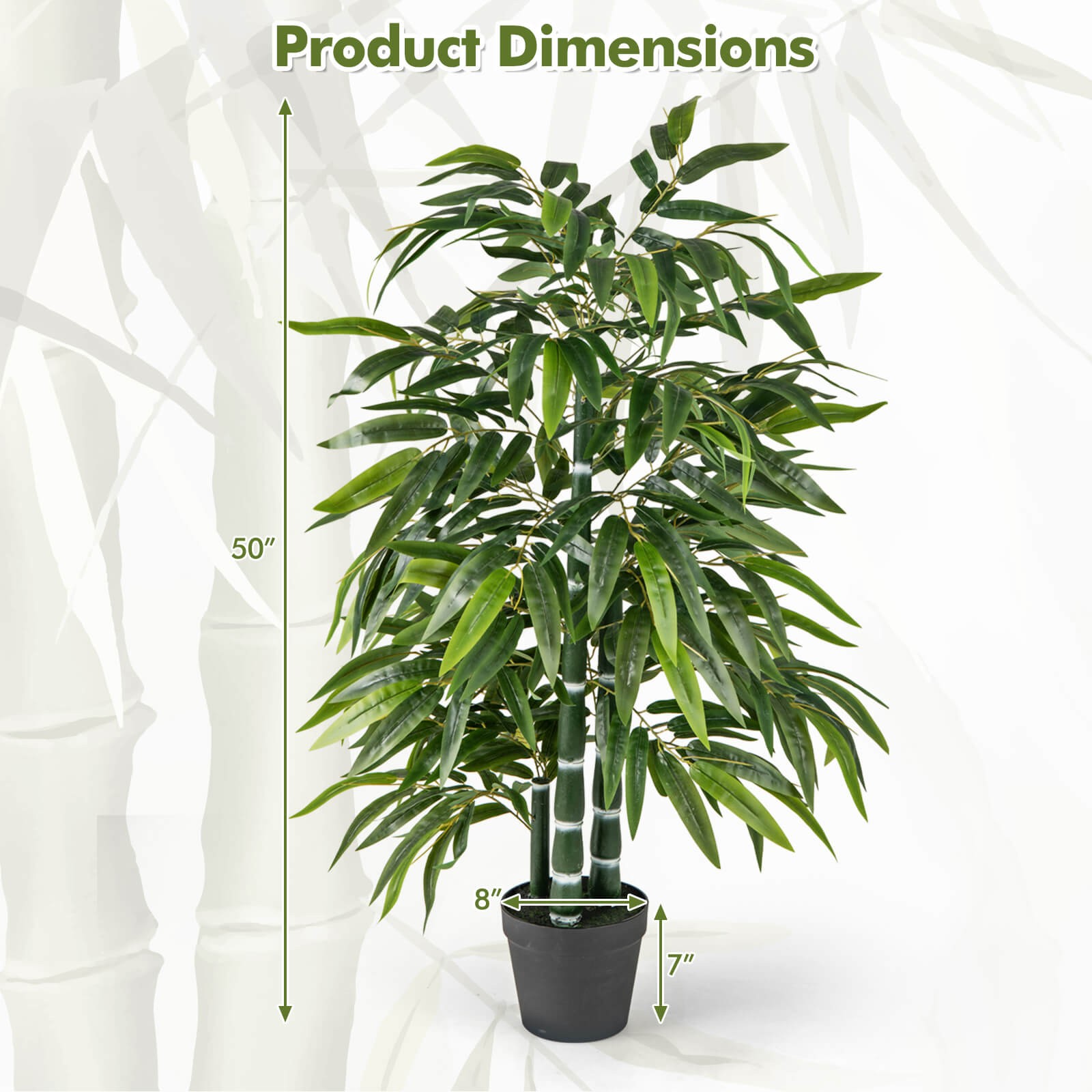 50″ Tall Artificial Potted Tree w/3 PE Bamboo Trunk Flush Leaves Realistic Soil
