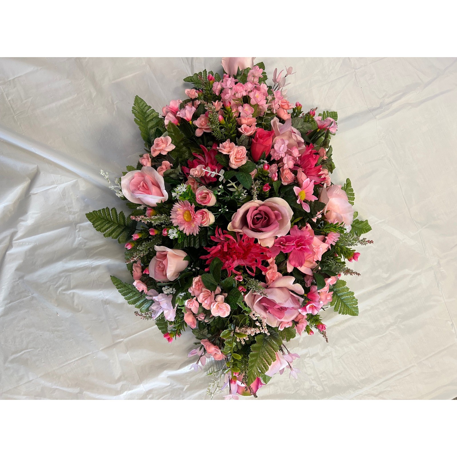 Pink Rose and Daisy Artificial Floral Cemetery Saddle Spray Arrangement 28in