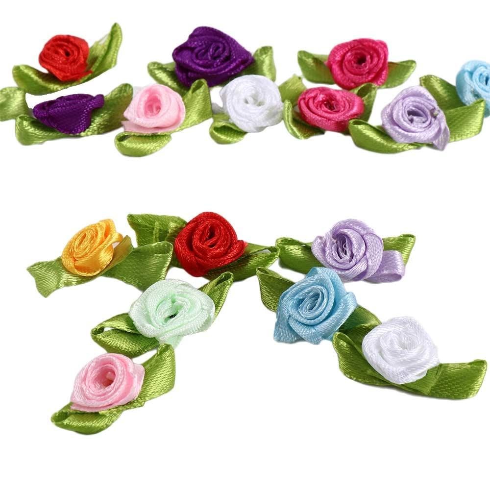 100 PCS Mini Ribbon Roses Crafts Artificial Fabric Flowers Green Leaves Decor