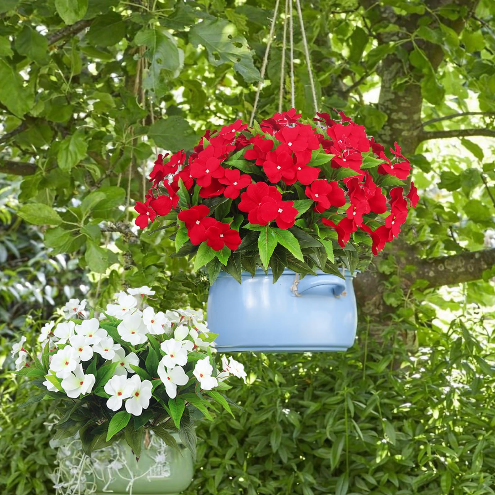 Artificial Outdoor Impatiens Flowers UV Resistant Faux Red Bushes 4PCS