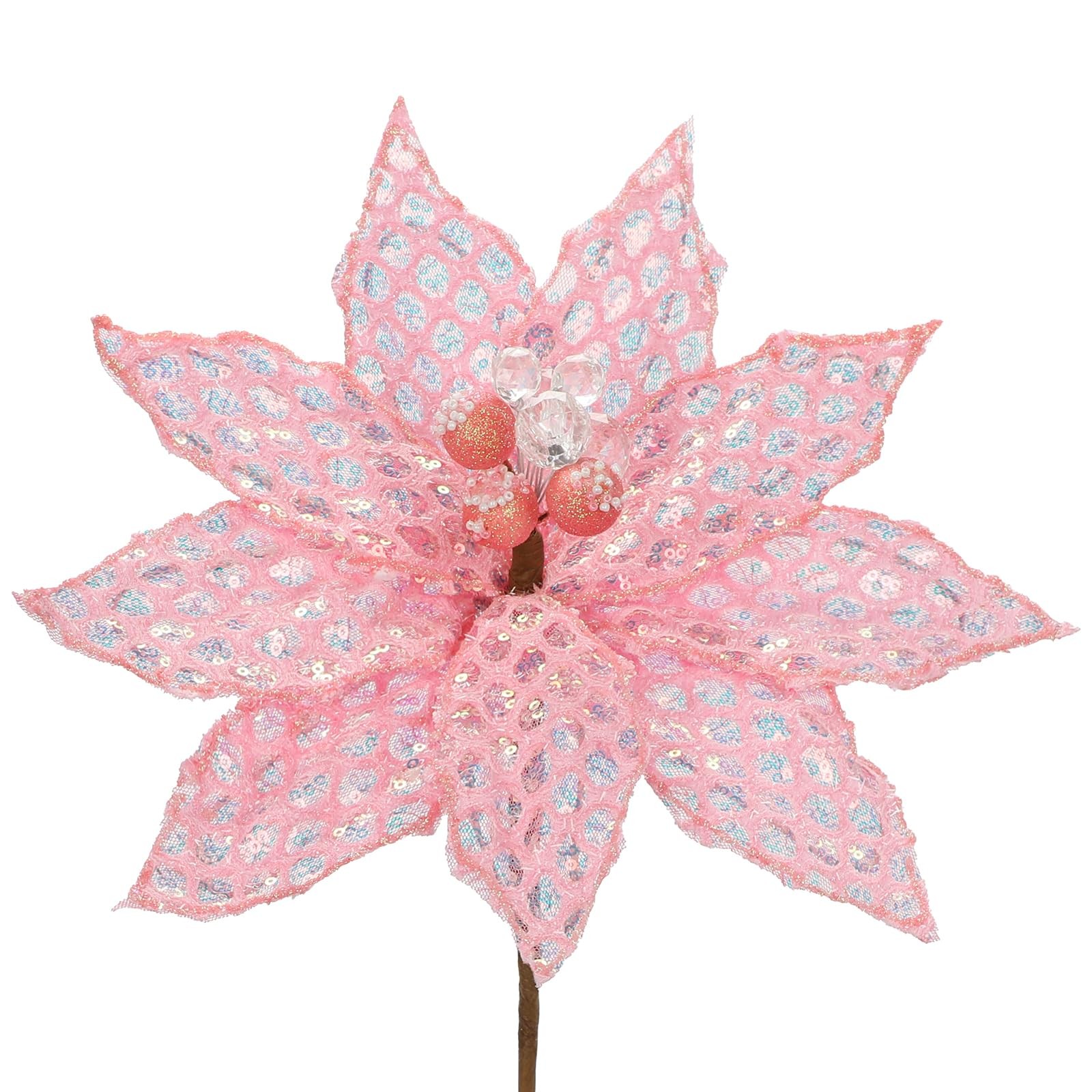 3PCS Poinsettias Artificial Christmas Flowers 22.4in Long Stem Pink Glitter M…