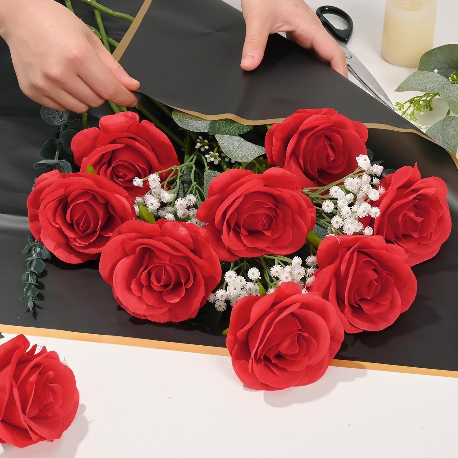 10 Pcs Red Artificial Roses Silk Flowers Long Stems Wedding Bouquet DecorRed…