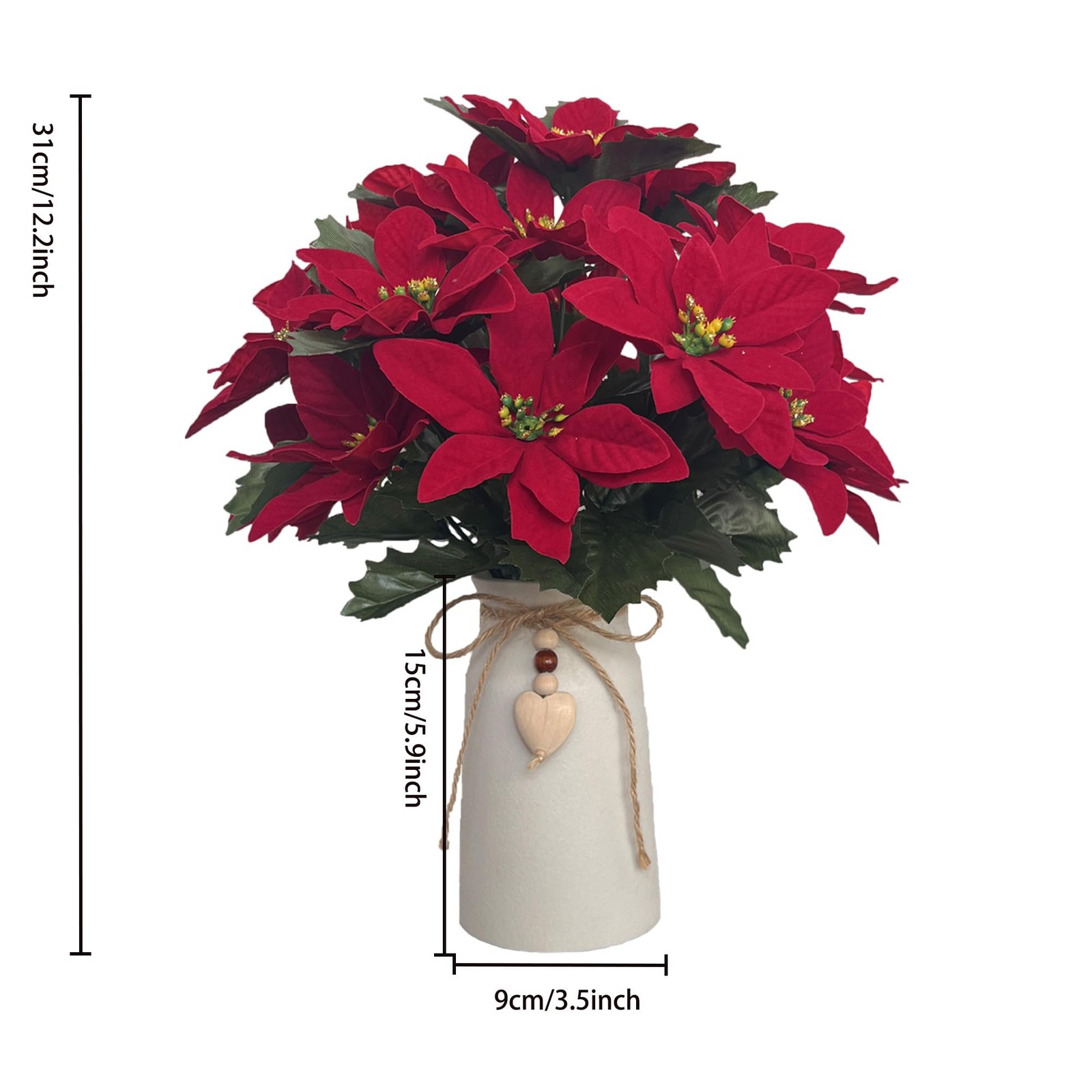 Red Artificial Poinsettia Christmas Flower Arrangement Centerpiece White Vase