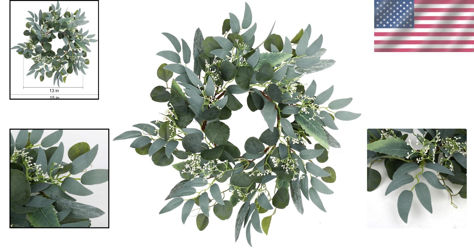 Artificial Green Eucalyptus Wreath 15 Inches Indoor Outdoor Front Door Decor