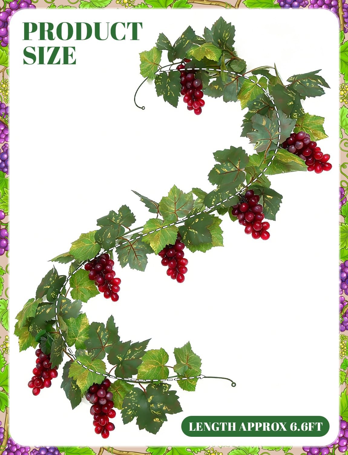 6.6FT Artificial Grape Vine Leaf Garland Plant with 7 Strings Grapes, Fake Ar…