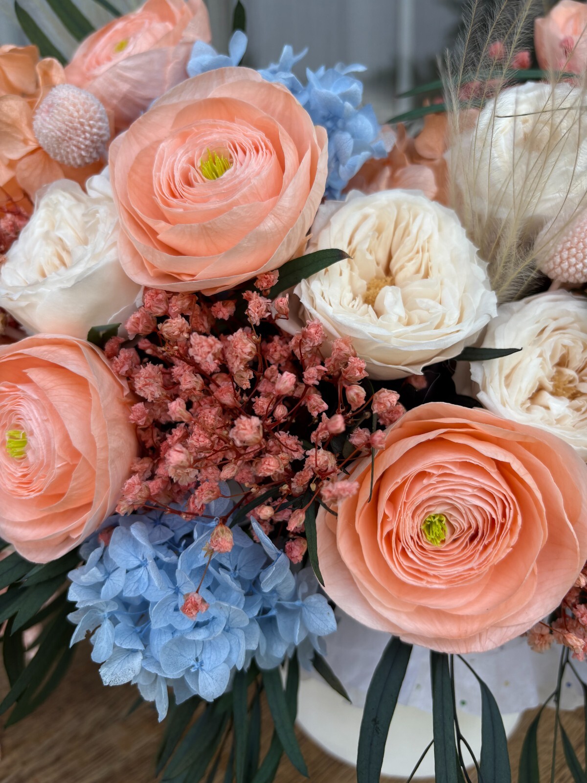 Preserved Flower Arrangement, Peach Blue Boho Centerpiece, Long Lasting Bouquet