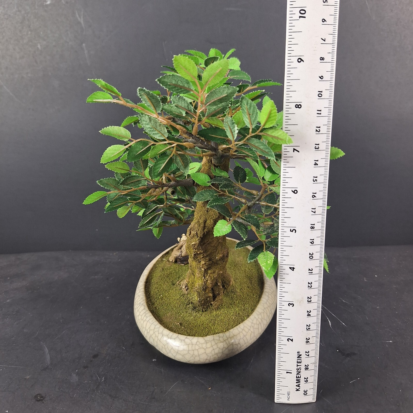 Artificial Bonsai Tree with Ceramic Planter & Clay Asian Figures Fake Plant