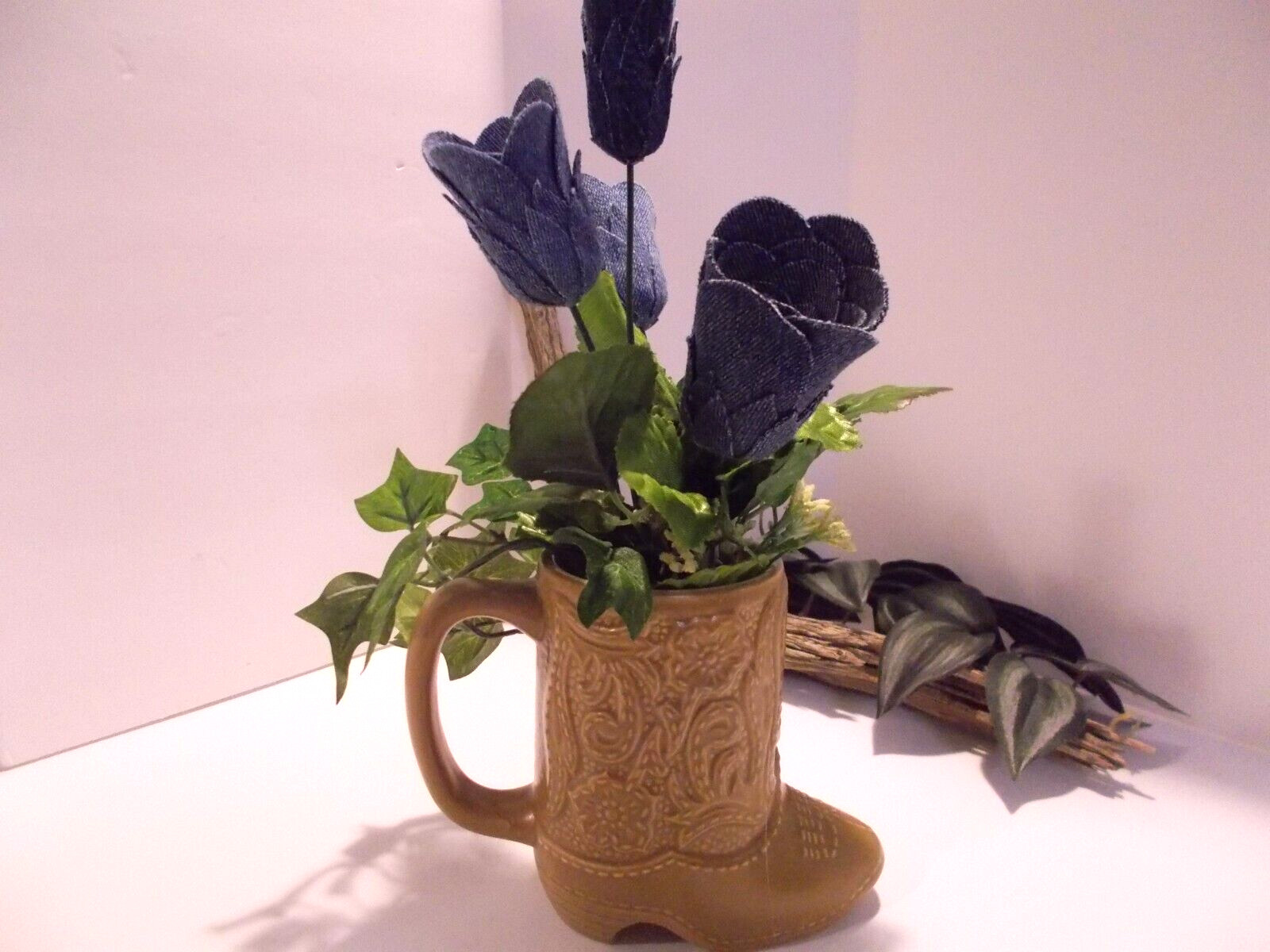 Western Cowboy Boot Cup with Handmade Denim Rose Arrangement – Upcycled Decor