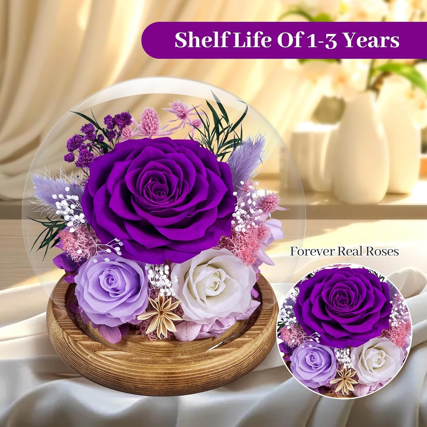 Preserved Roses Forever Rose in Glass Dome – Birthday Gifts for Women Mom, Real