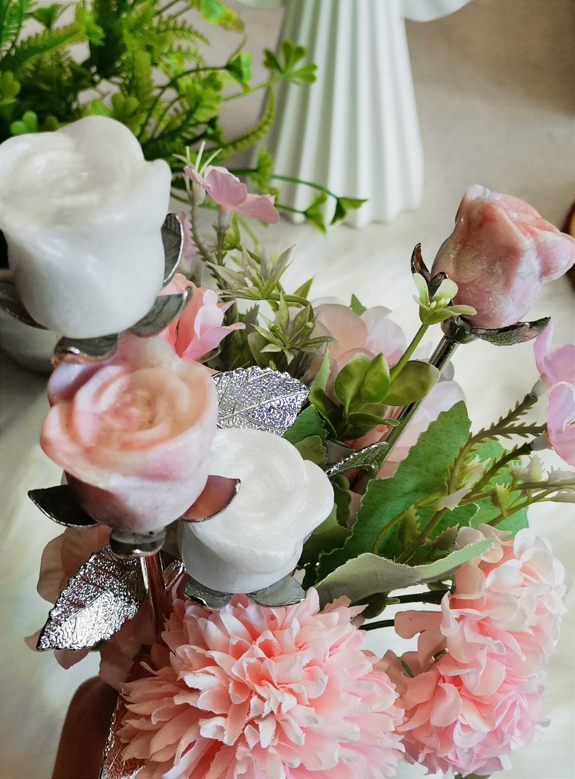 Pink Opal and White Jade rose with silver stem , Decorative Collectible
