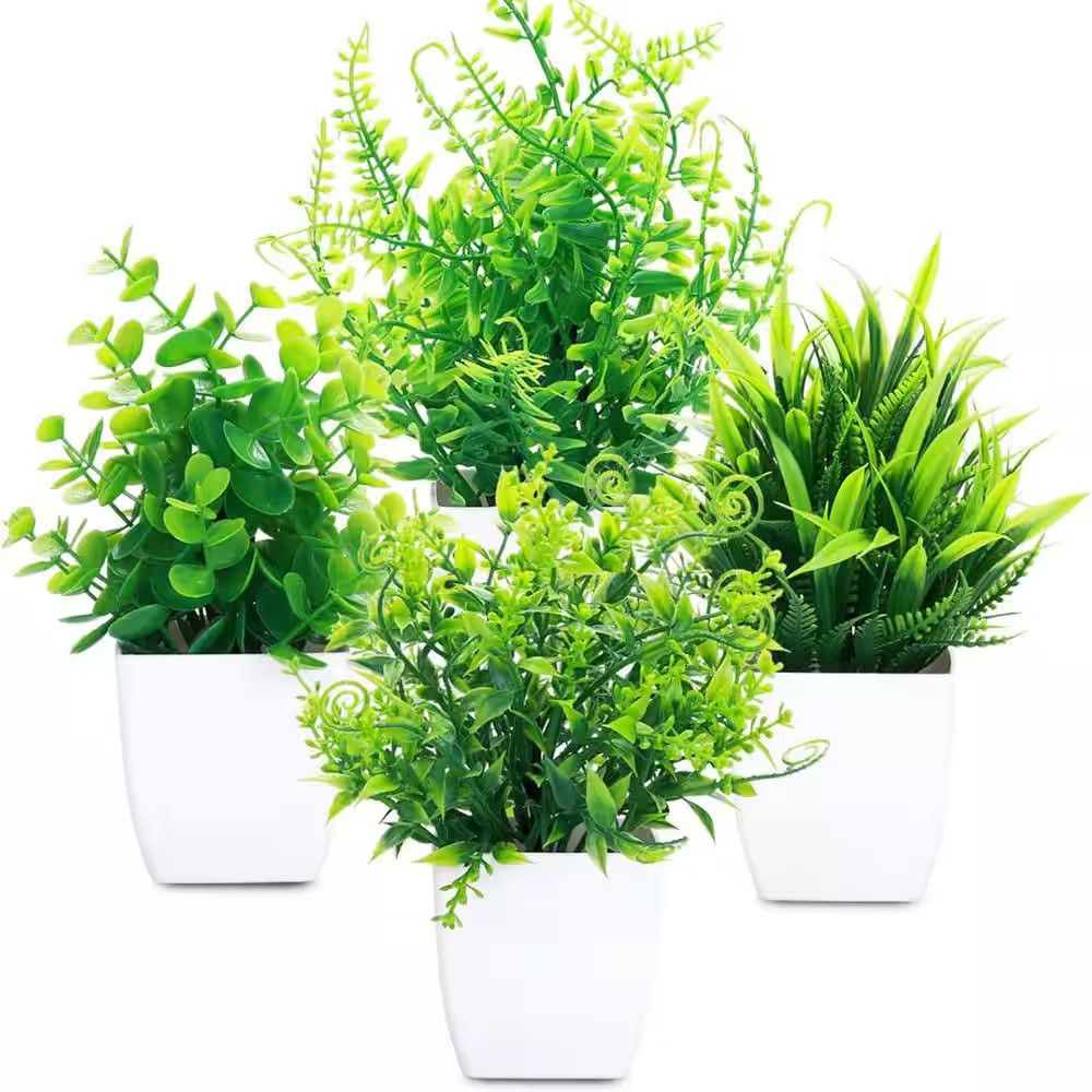 Fake Plants in White Pot Garden Statue, 4-Pack