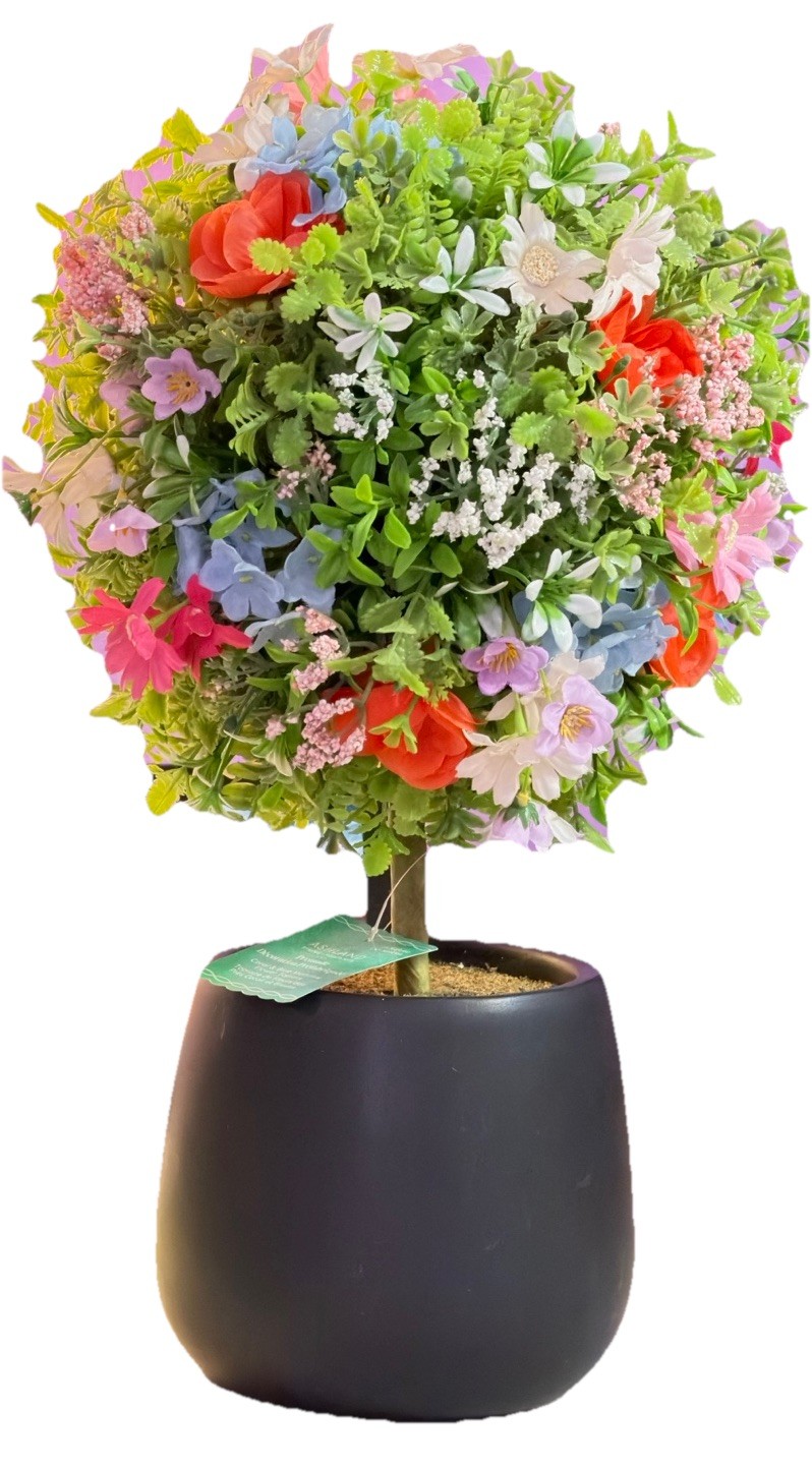 Ashwood 18” Coral & Blue Meadow Flower Artificial Topiary Plant In Black Planter