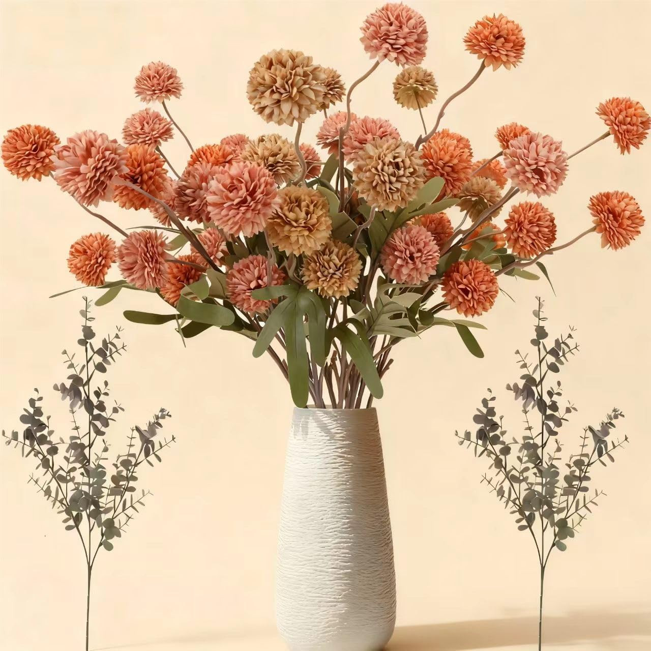 Fall Faux Pompon Mum Flowers – 10 Stems, 21” Long Burnt Orange Brown Pink Orange