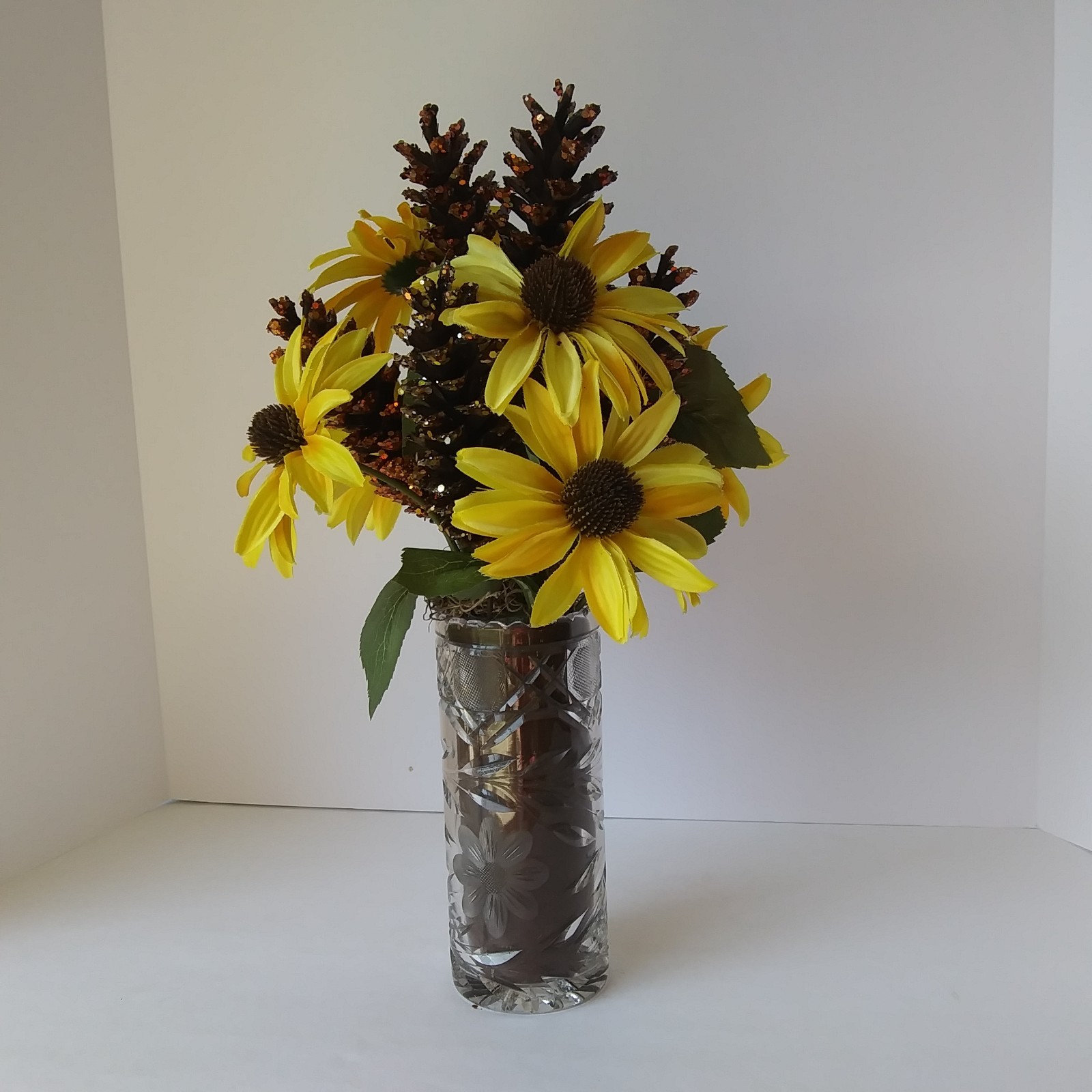 Artificial Yellow Sunflower & Pinecone Fall Arrangement in Cut Glass Vase Decor