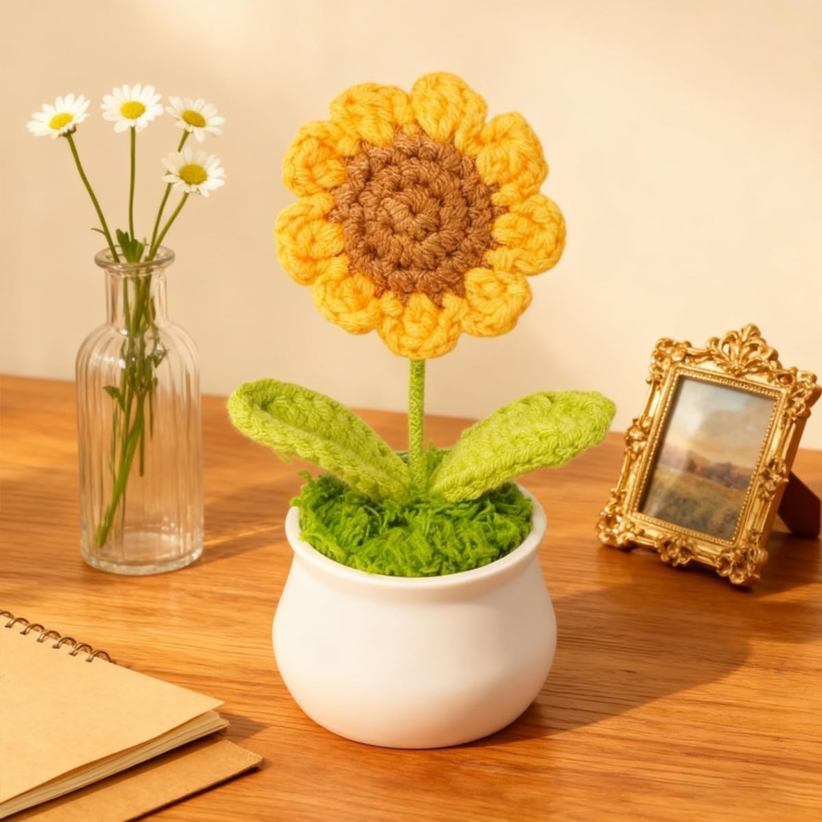 Crochet Flowers, Cute Desk Decor, Handmade Sunflower and Puff Flower Pots, Mini