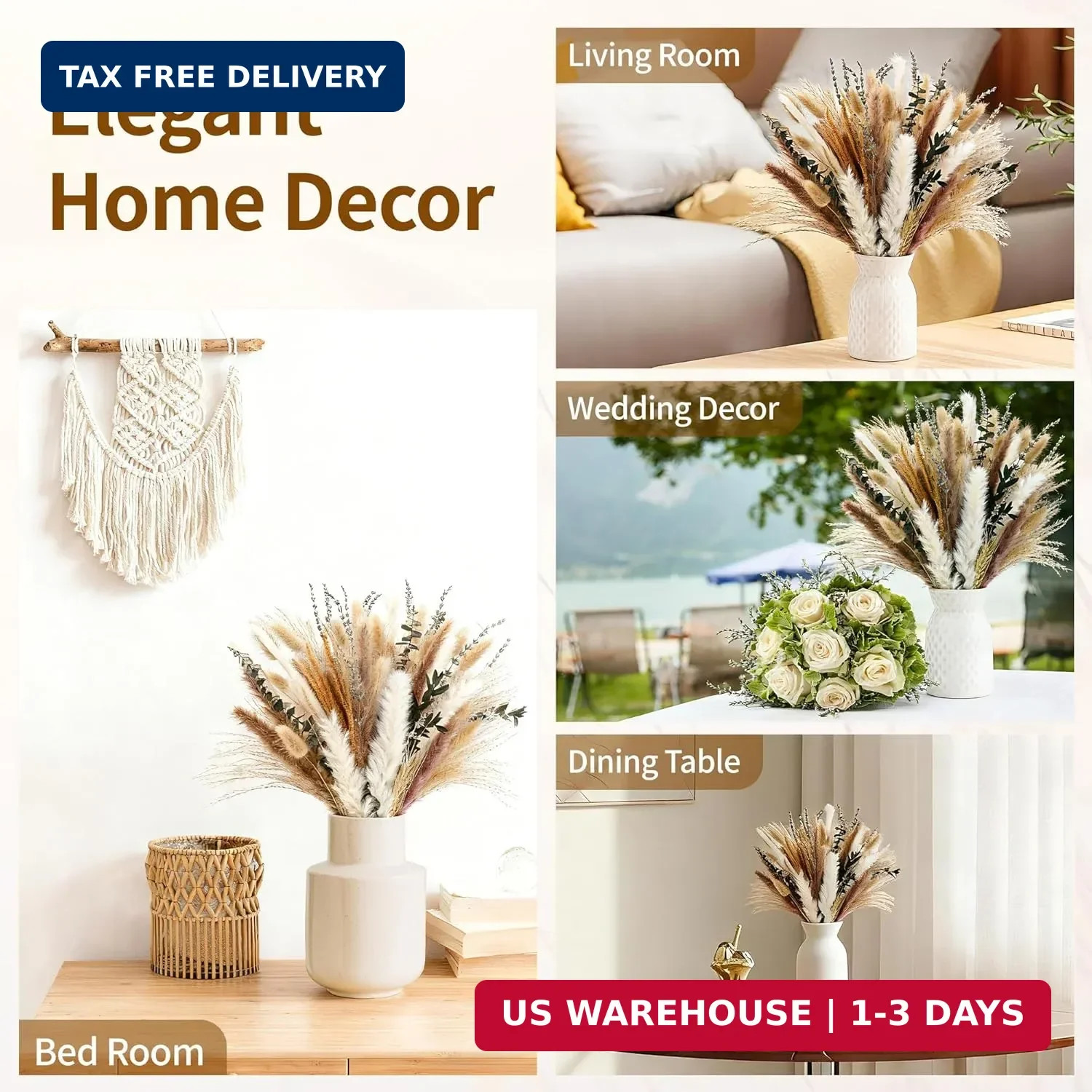 Bpole Dried Pampas Grass Bouquet – 92 Pcs 11-13 inch Pampas Grass Decor with Bun