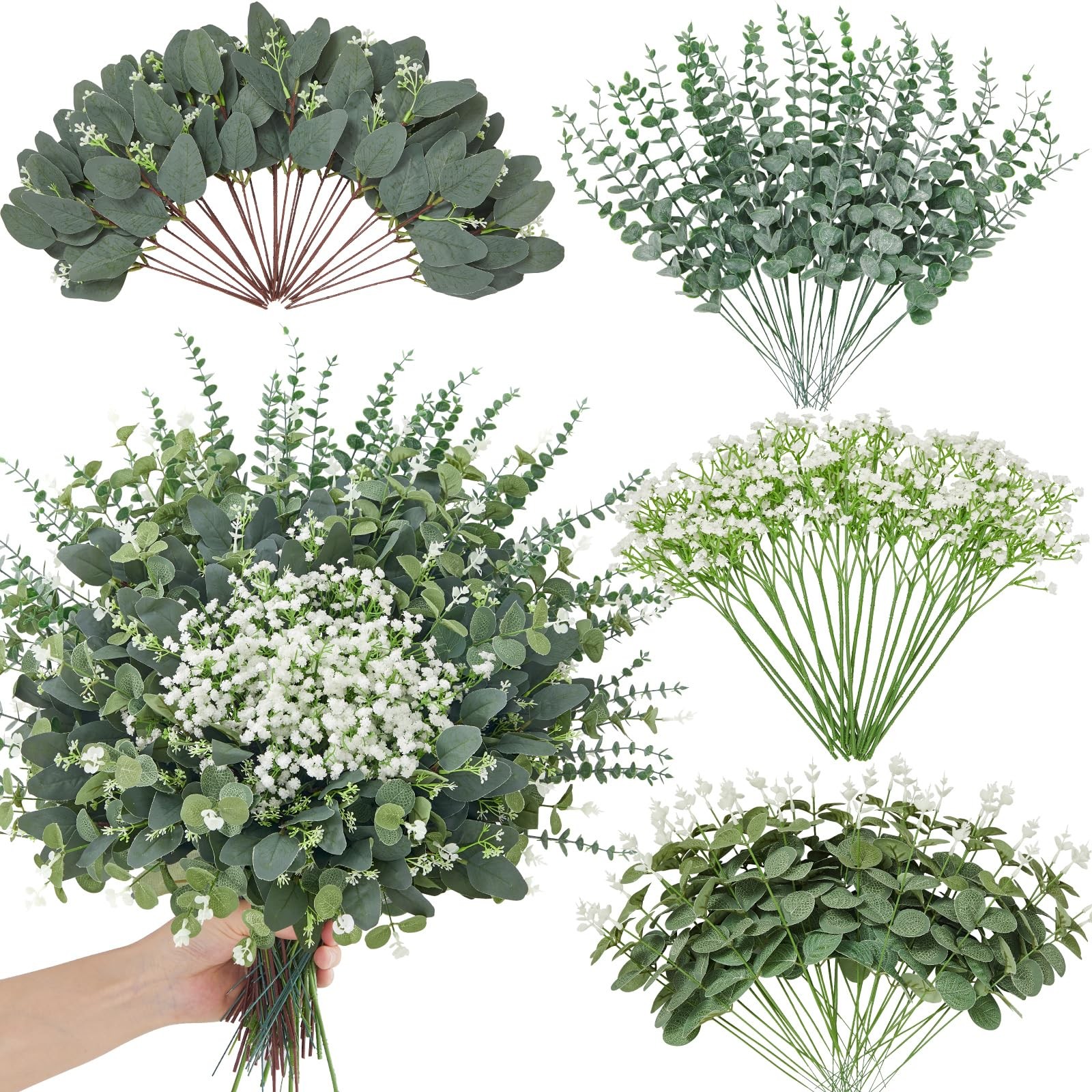 120 Pcs 4 Kinds Mixed Eucalyptus Greenery Stems, Baby Breath Flowers Artifici…