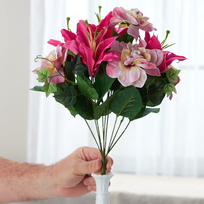 14-1/2″ Artificial Pink and Mauve Poly Silk Gardenia and Lily Mixed Floral Bush