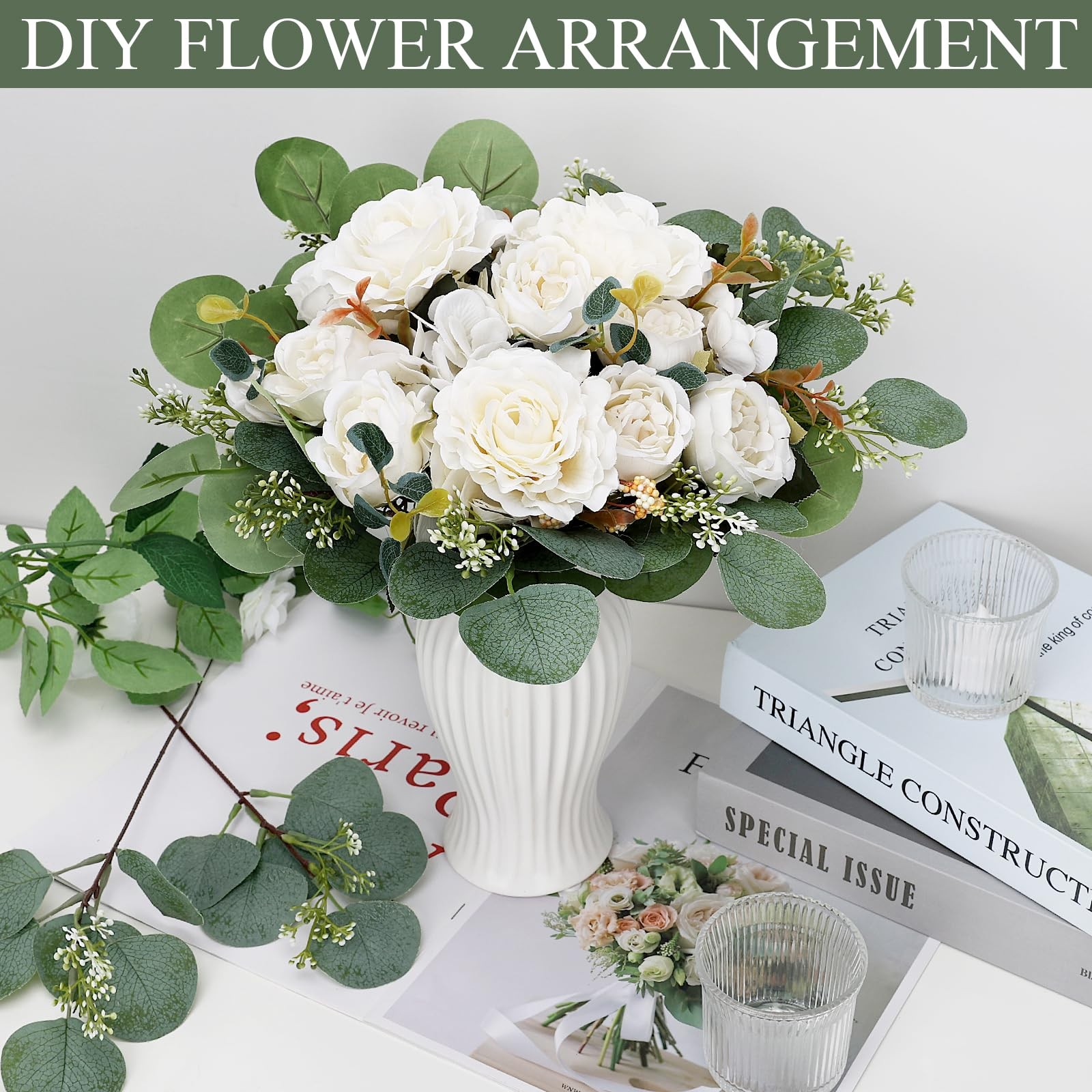 Peony Artificial Flowers, Faux Peonies Hydrangea Eucalyptus Bouquet 12 Packs …